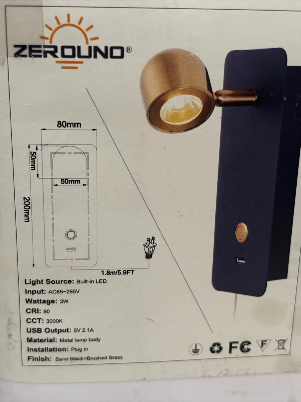 Zerouno Bedside Reading Lamp Plug Wall Sconce Adjustable Spotlight Black & Brass